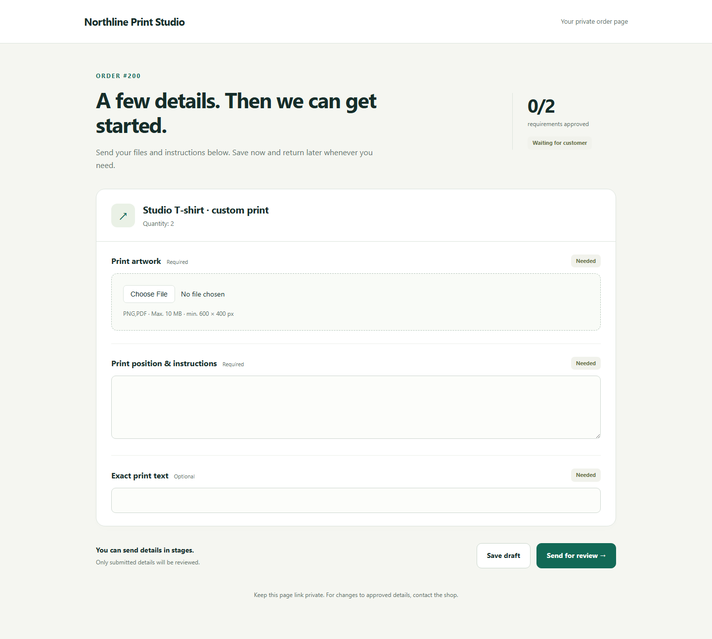 OrderReady customer page with an artwork upload, instructions and a progress checklist