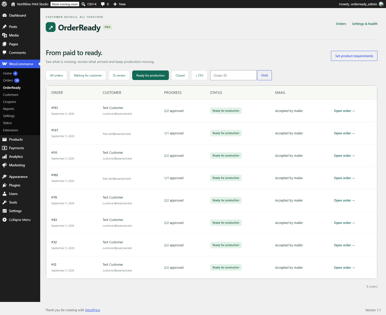 OrderReady production queue filtered to orders ready to make